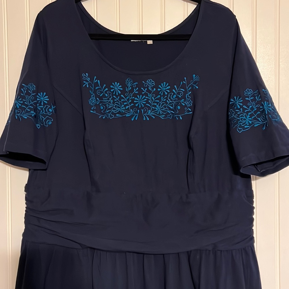 Eshakti Navy Maxi Dress with Turquoise Embroidered Flowers Size 2X 22W